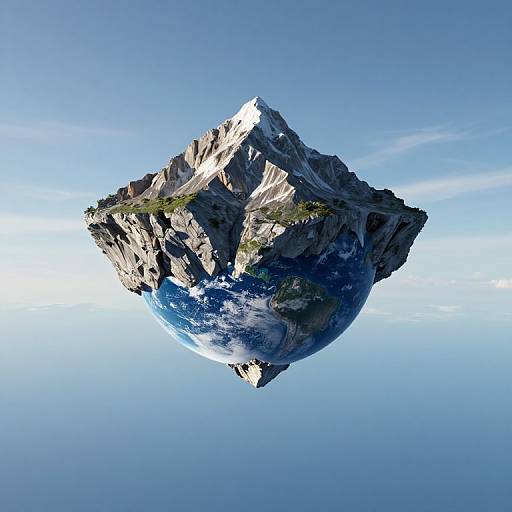 Photorealistic CGI of a rocky mountain floating above a partially visible Earth, set against a clear blue sky and wispy clouds.