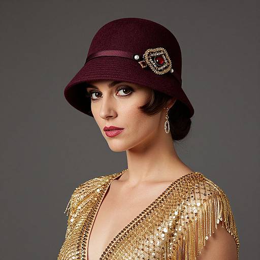 Photograph of a fair-skinned woman with dark hair in a vintage maroon hat adorned with pearls, wearing a glittering gold fringe dress, against