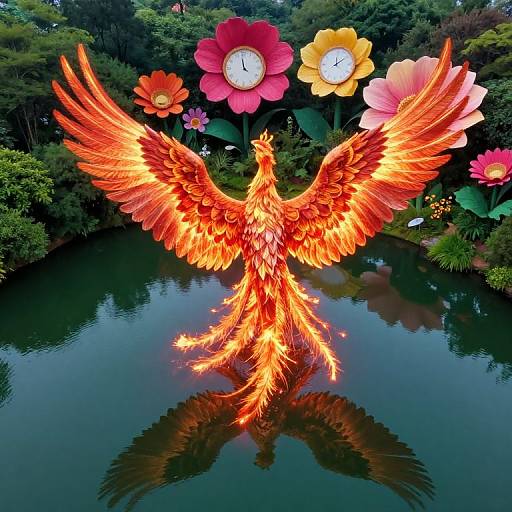 Vibrant digital artwork of a fiery red-orange phoenix with outstretched wings, standing in a serene pond surrounded by giant, colorful flowers and lush
