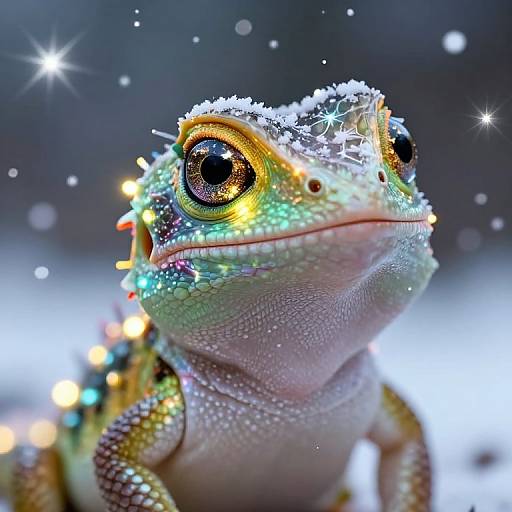 Close-up photograph of a vibrant, iridescent chameleon adorned with tiny, sparkling snowflakes and Christmas lights, set against a blurred, snowy