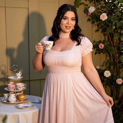 Photograph of a curvy woman with fair skin, long black hair, wearing a white lace dress, holding a teacup, standing by a