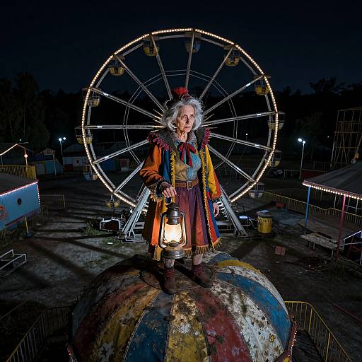 Photograph of an elderly person with white hair, wearing colorful carnival attire, holding a lantern, standing on a multicolored dome, in front of