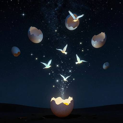 Digital artwork: Broken jack-o'-lantern emits glowing light, attracting white birds with sparkling trails, against a starry night sky.