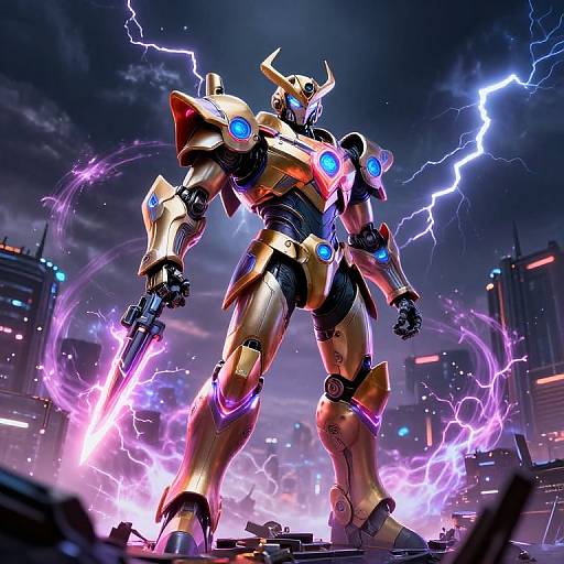 Digital artwork of a golden, humanoid robot with blue glowing eyes, standing amid purple lightning in a futuristic cityscape at night.