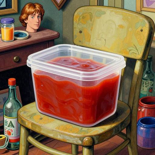 Digital drawing of a kitchen chair with a transparent container of red sauce, surrounded by bottles and a jar on a wooden table, with a brown-haired man