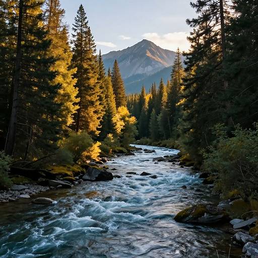Photograph of a sunlit forest stream flowing through tall pine trees, with a mountain peak in the background under a clear sky.