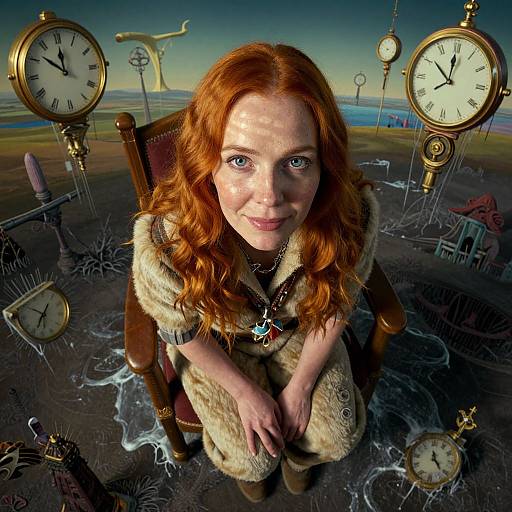 Photograph of a smiling red-haired woman with freckles, wearing a fur coat, sitting among floating vintage clocks in a surreal landscape.