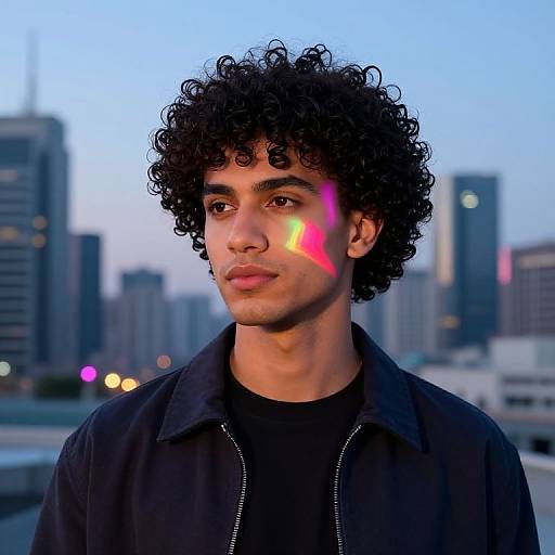 Photograph of a curly-haired young man with a pink light beam on his cheek, wearing a black jacket, against a cityscape skyline at dusk.