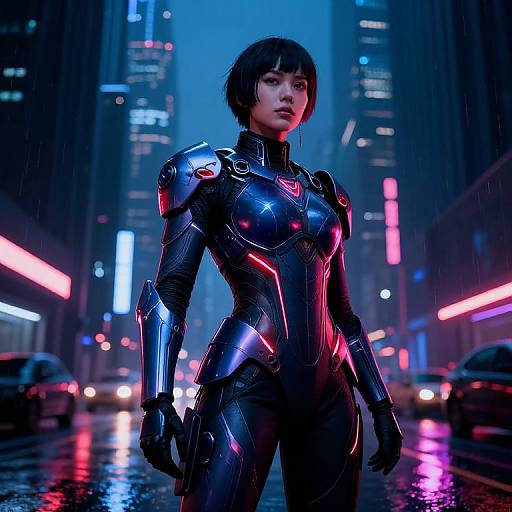 Cyberpunk cityscape photograph of a confident woman in a sleek, black, glowing armored suit, standing in the rain with neon lights reflecting on wet
