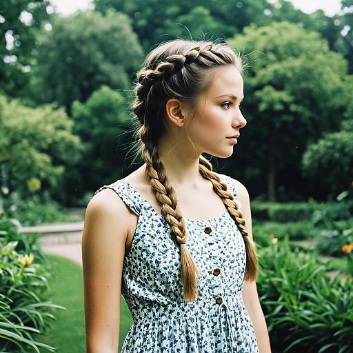 Teenage Girl with Dutch Crown Braid in Botanical Garden