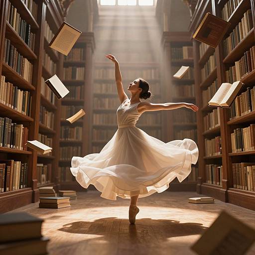 Photograph of a ballerina in a flowing white dress, dancing in a sunlit library with books flying around her.