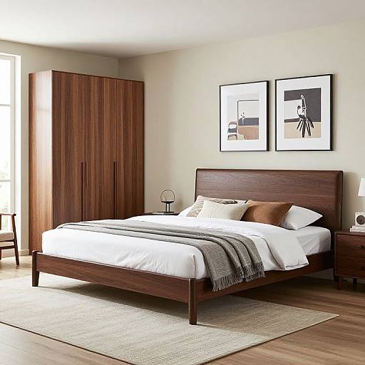 Modern bedroom photograph: dark wood bed with white linens, gray blanket, brown pillows, wooden floor, beige rug, wooden wardrobe, two abstract black