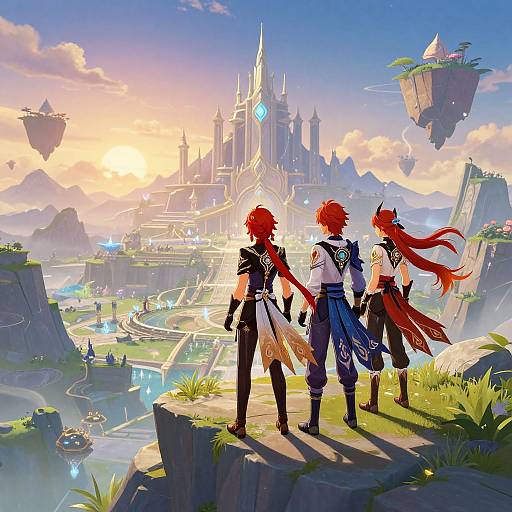 Digital fantasy artwork of two red-haired, anime-style male warriors with swords, facing a glowing, futuristic castle cityscape at sunset. Floating islands and lush
