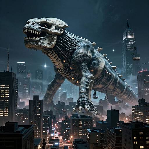 Digital artwork: A massive, metallic, skeletal monster with spiked armor and sharp teeth looms over a dark, neon-lit city skyline at night,