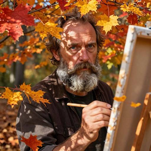 Photograph of a middle-aged man with a gray beard, wearing a black shirt, painting amidst vibrant autumn leaves. He holds a paintbrush, focused