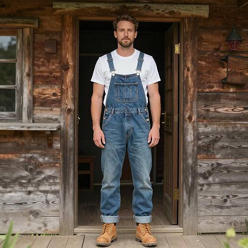 Confident Man in Rustic Cabin Setting
