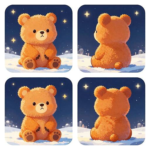 Digital illustration of a fluffy, orange teddy bear with black eyes and nose, shown from four different angles under a starry night sky with snow.