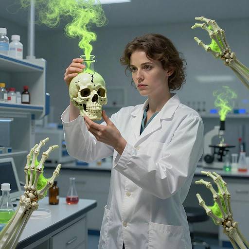 Female Scientist with Radioactive Skull Vial