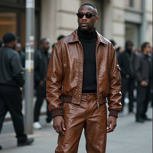 Photograph of a tall, black man in brown leather jacket and pants, black turtleneck, sunglasses, standing confidently on urban street. Blurred