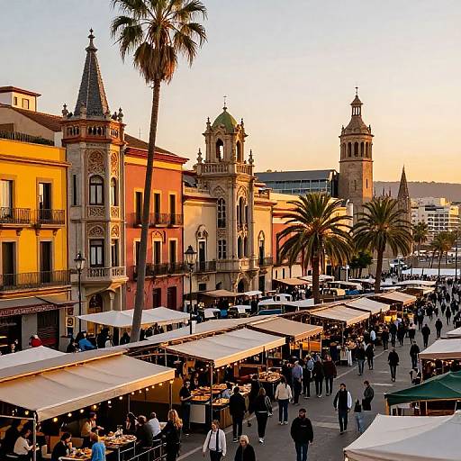 Vibrant sunset photograph of a bustling outdoor market in a historic European town, featuring palm trees, ornate buildings, and white canopy-covered stalls.