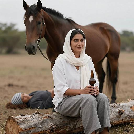 Relaxed Woman with Horse in Landscape