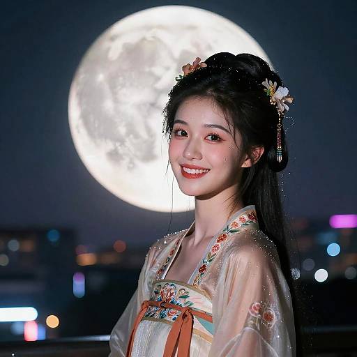 Young Woman in Hanfu with Full Moon Background