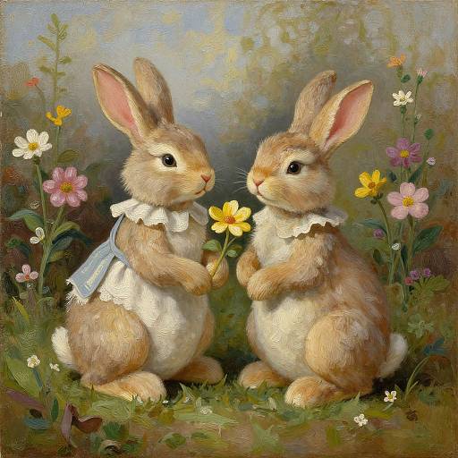 Photorealistic painting of two brown, fluffy baby rabbits with white lace collars, standing on grass, holding flowers, surrounded by colorful wildflowers.