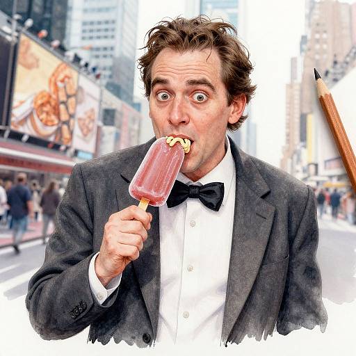 Photograph of a surprised man with brown hair, wearing a black bowtie and suit, eating a pink popsicle on a busy city street. Hyper