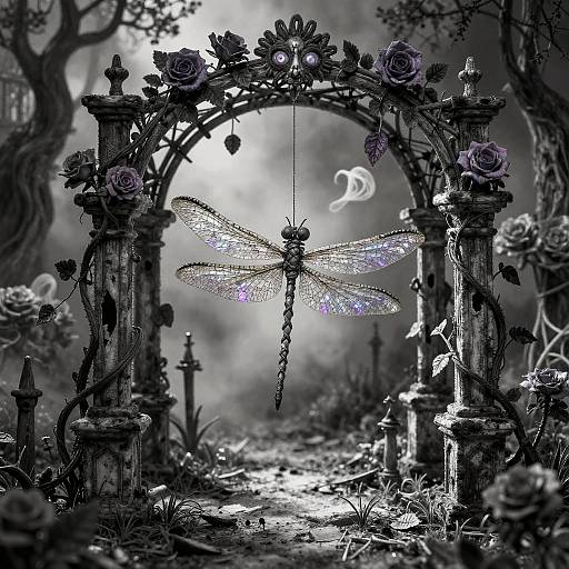 Photograph-style digital artwork of a glowing, iridescent dragonfly hanging in an ornate, black-and-white floral archway in a mystical forest