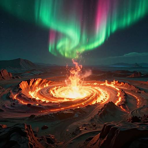 Photograph of a vibrant northern lights display above a glowing, fiery volcanic crater in a dark, barren landscape at night.