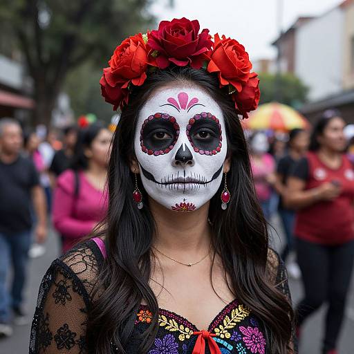 Photograph of a woman with white face paint, red flower crown, black lace top, and colorful floral embroidery, standing in a crowded street during a