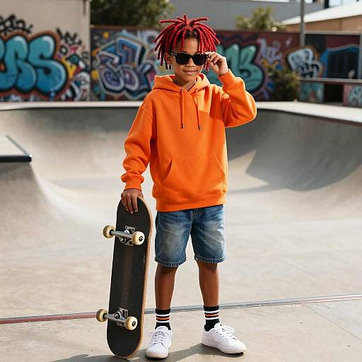 Youthful Boy with Skateboard in Urban Skate Plaza