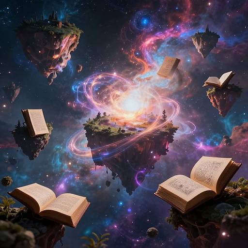 Digital artwork of floating, glowing book islands surrounded by swirling cosmic lights, open books with mystical text, and starry space background.