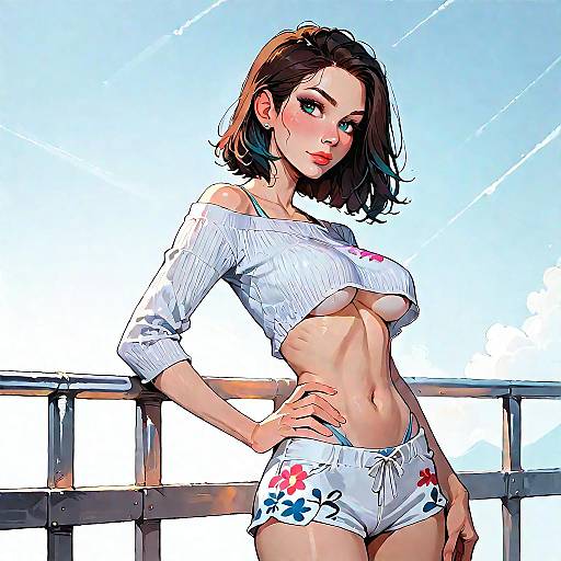 Stylish Woman in Crop Top and Floral Bikini Bottoms