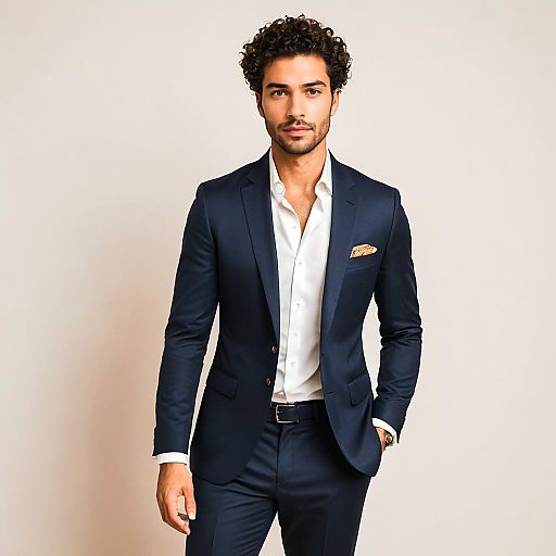 Stylish man in beige blazer and navy trousers