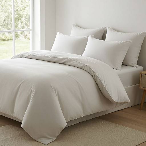 Photograph of a neatly made bed with white linens, multiple pillows, and a bright window in a minimalist, sunlit room.