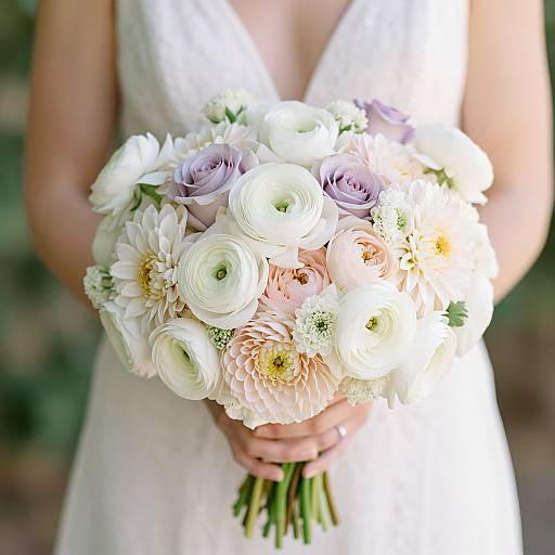 Photograph of a bride in a white lace dress, holding a bouquet of white, pink, and lavender flowers against a blurred green background.