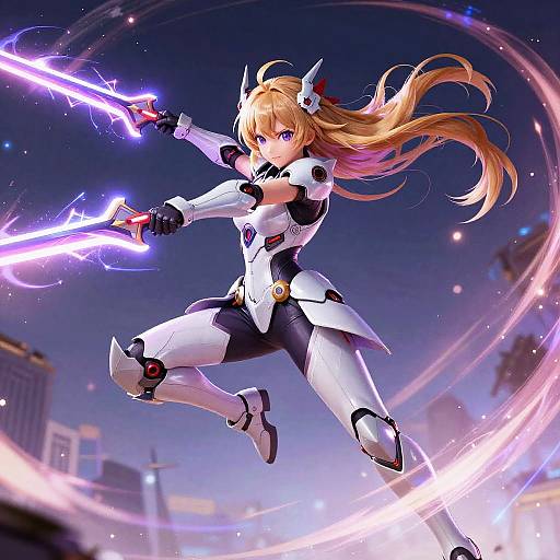 Digital anime artwork of a blonde, blue-eyed warrior woman in white and black armor, wielding glowing purple swords, mid-air against a night cityscape background