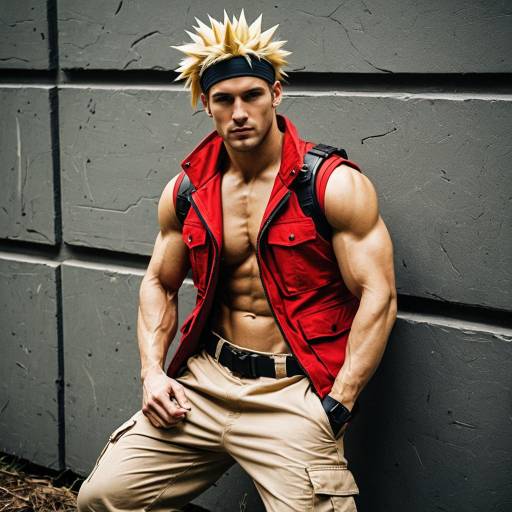 Muscular Male Cosplayer in Red Vest and Blonde Spiky Hair