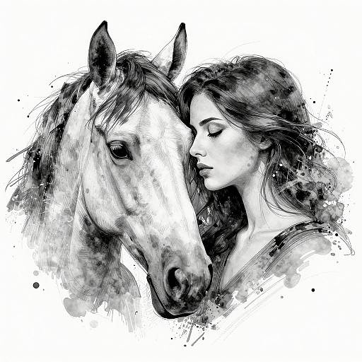 Black-and-white digital drawing of a serene woman with closed eyes, leaning her head against a calm horse's head, both with intricate, textured brushst