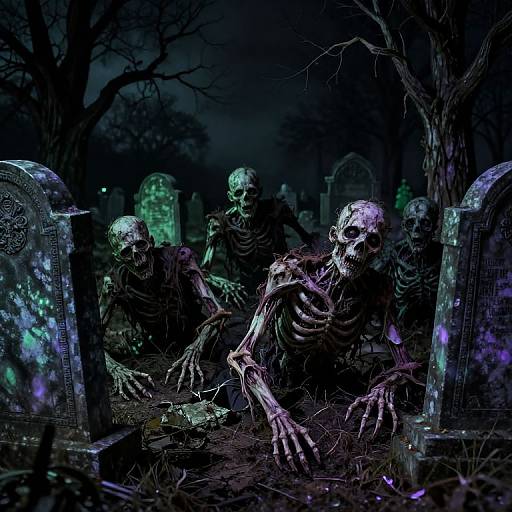 Digital artwork: Nighttime graveyard with glowing green and purple tombstones, four skeletal zombies crawling, dark trees, eerie, spooky atmosphere.