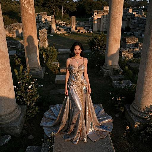 Photograph of a woman in a sparkling, silver, mermaid-style gown standing between ancient stone columns in a sunlit cemetery.