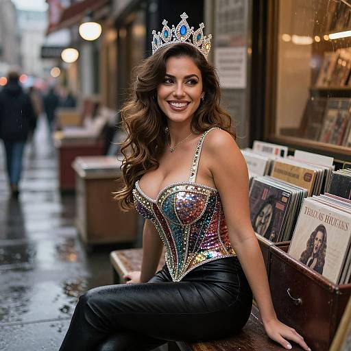 Photograph of a smiling woman with long brown hair, wearing a sparkling corset, black pants, and a silver tiara, sitting on a city