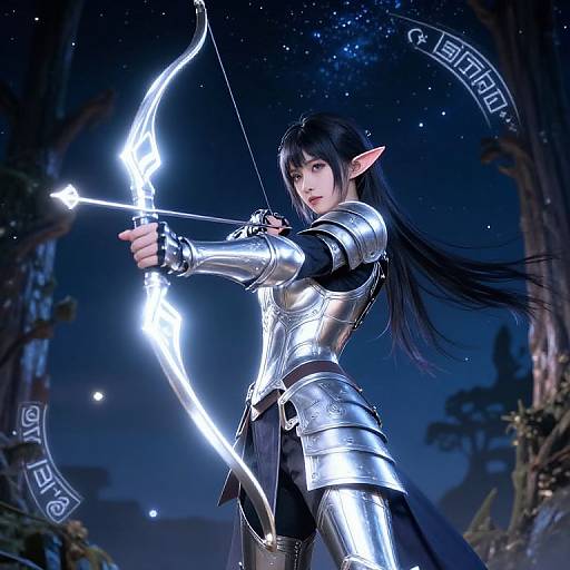 Digital art of a silver-armored, long-haired elf archer with pointed ears, drawing a glowing bow at night in a starry forest.