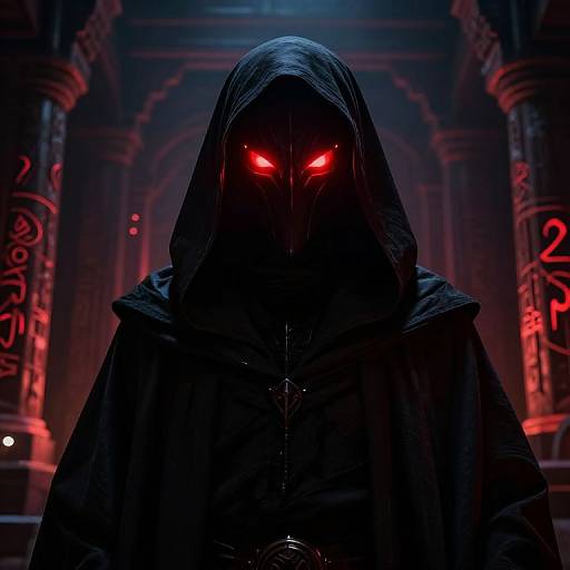 Mysterious hooded figure with glowing red eyes stands in a dark, red-lit, gothic cathedral, surrounded by intricate pillars. Digital art.