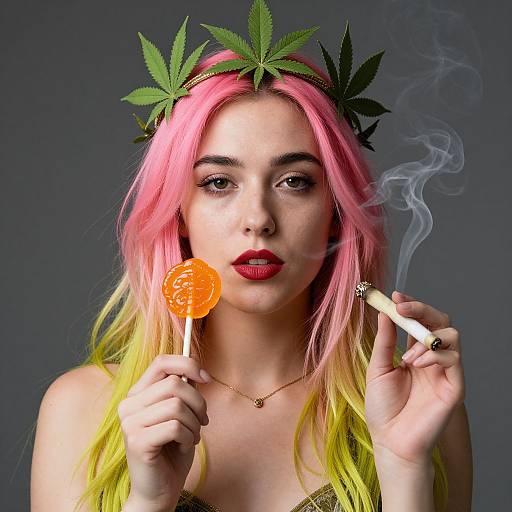 Photograph of a young woman with pink and yellow gradient hair, marijuana leaf headband, red lipstick, holding orange lollipop and smoking joint, with