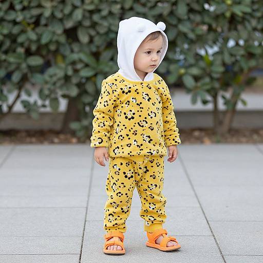 Photograph of a toddler in a yellow leopard-print onesie with a white hood, standing on a tiled patio, wearing orange sandals, with green foliage