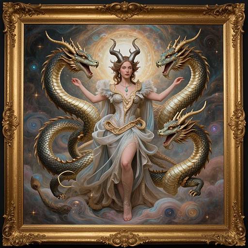 Digital painting of a celestial woman with horns, surrounded by two golden dragons, wearing a flowing white gown, framed in an ornate gold frame.