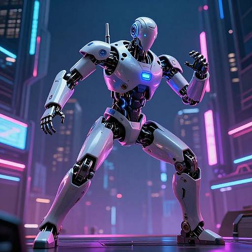 CGI image of a futuristic, white and black robotic warrior with glowing blue accents, standing in a neon-lit, cyberpunk cityscape.