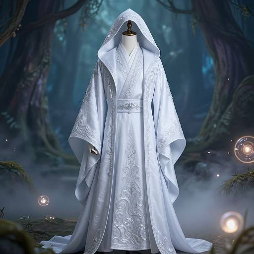 Digital artwork of a white, hooded, intricately embroidered robe on a mannequin in a mystical, moonlit forest with glowing orbs.
